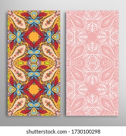 Vertical seamless patterns set, floral geometric lace texture for Wedding, Valentine's day, greeting card or Birthday Invitation. Decorative seamless doodle backgrounds. Ethnic ornament border pattern