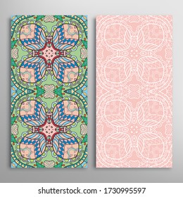 Vertical seamless patterns set, floral geometric lace texture for Wedding, Valentine's day, greeting card or Birthday Invitation. Decorative seamless doodle backgrounds. Ethnic ornament border pattern