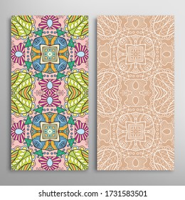 Vertical seamless patterns set, floral geometric lace texture for Wedding, Valentine's day, greeting card or Birthday Invitation. Decorative seamless doodle backgrounds. Ethnic ornament border pattern