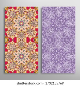 Vertical seamless patterns set, floral geometric lace texture for Wedding, Valentine's day, greeting card or Birthday Invitation. Decorative seamless doodle backgrounds. Ethnic ornament border pattern