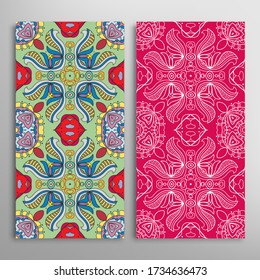 Vertical seamless patterns set, floral geometric lace texture for Wedding, Valentine's day, greeting card or Birthday Invitation. Decorative seamless doodle backgrounds. Ethnic ornament border pattern