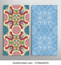 Vertical seamless patterns set, floral geometric lace texture for Wedding, Valentine's day, greeting card or Birthday Invitation. Decorative seamless doodle backgrounds. Ethnic ornament border pattern
