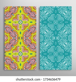 Vertical seamless patterns set, floral geometric lace texture for Wedding, Valentine's day, greeting card or Birthday Invitation. Decorative seamless doodle backgrounds. Ethnic ornament border pattern