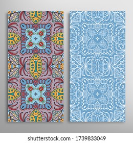 Vertical seamless patterns set, floral geometric lace texture for Wedding, Valentine's day, greeting card or Birthday Invitation. Decorative seamless doodle backgrounds. Ethnic ornament border pattern