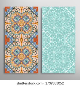 Vertical seamless patterns set, floral geometric lace texture for Wedding, Valentine's day, greeting card or Birthday Invitation. Decorative seamless doodle backgrounds. Ethnic ornament border pattern