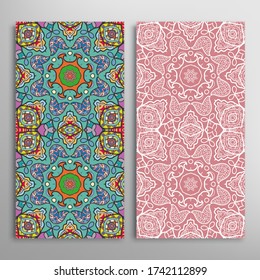 Vertical seamless patterns set, floral geometric lace texture for Wedding, Valentine's day, greeting card or Birthday Invitation. Decorative seamless doodle backgrounds. Ethnic ornament border pattern