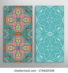 Vertical seamless patterns set, floral geometric lace texture for Wedding, Valentine's day, greeting card or Birthday Invitation. Decorative seamless doodle backgrounds. Ethnic ornament border pattern