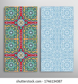 Vertical seamless patterns set, floral geometric lace texture for Wedding, Valentine's day, greeting card or Birthday Invitation. Decorative seamless doodle backgrounds. Ethnic ornament border pattern