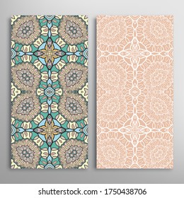 Vertical seamless patterns set, floral geometric lace texture for Wedding, Valentine's day, greeting card or Birthday Invitation. Decorative seamless doodle backgrounds. Ethnic ornament border pattern