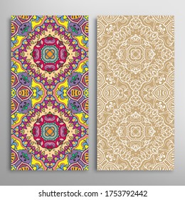 Vertical seamless patterns set, floral geometric lace texture for Wedding, Valentine's day, greeting card or Birthday Invitation. Decorative seamless doodle backgrounds. Ethnic ornament border pattern