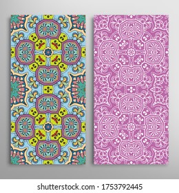 Vertical seamless patterns set, floral geometric lace texture for Wedding, Valentine's day, greeting card or Birthday Invitation. Decorative seamless doodle backgrounds. Ethnic ornament border pattern