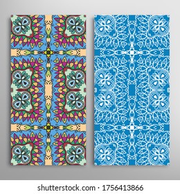 Vertical seamless patterns set, floral geometric lace texture for Wedding, Valentine's day, greeting card or Birthday Invitation. Decorative seamless doodle backgrounds. Ethnic ornament border pattern