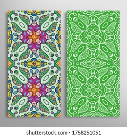 Vertical seamless patterns set, floral geometric lace texture for Wedding, Valentine's day, greeting card or Birthday Invitation. Decorative seamless doodle backgrounds. Ethnic ornament border pattern
