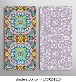 Vertical seamless patterns set, floral geometric lace texture for Wedding, Valentine's day, greeting card or Birthday Invitation. Decorative seamless doodle backgrounds. Ethnic ornament border pattern
