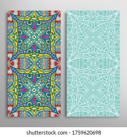 Vertical seamless patterns set, floral geometric lace texture for Wedding, Valentine's day, greeting card or Birthday Invitation. Decorative seamless doodle backgrounds. Ethnic ornament border pattern