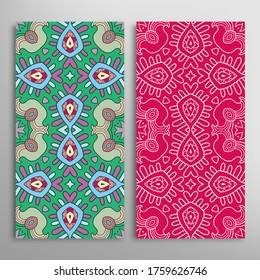 Vertical seamless patterns set, floral geometric lace texture for Wedding, Valentine's day, greeting card or Birthday Invitation. Decorative seamless doodle backgrounds. Ethnic ornament border pattern