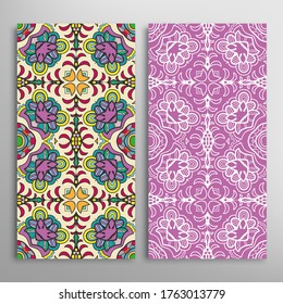 Vertical seamless patterns set, floral geometric lace texture for Wedding, Valentine's day, greeting card or Birthday Invitation. Decorative seamless doodle backgrounds. Ethnic ornament border pattern
