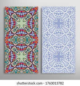 Vertical seamless patterns set, floral geometric lace texture for Wedding, Valentine's day, greeting card or Birthday Invitation. Decorative seamless doodle backgrounds. Ethnic ornament border pattern