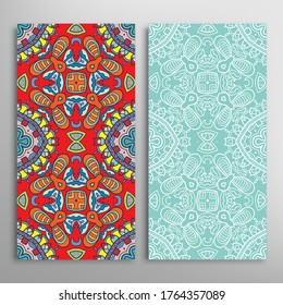 Vertical seamless patterns set, floral geometric lace texture for Wedding, Valentine's day, greeting card or Birthday Invitation. Decorative seamless doodle backgrounds. Ethnic ornament border pattern