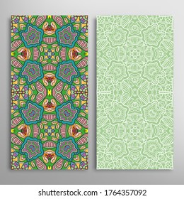 Vertical seamless patterns set, floral geometric lace texture for Wedding, Valentine's day, greeting card or Birthday Invitation. Decorative seamless doodle backgrounds. Ethnic ornament border pattern