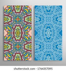 Vertical seamless patterns set, floral geometric lace texture for Wedding, Valentine's day, greeting card or Birthday Invitation. Decorative seamless doodle backgrounds. Ethnic ornament border pattern