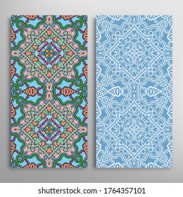 Vertical seamless patterns set, floral geometric lace texture for Wedding, Valentine's day, greeting card or Birthday Invitation. Decorative seamless doodle backgrounds. Ethnic ornament border pattern