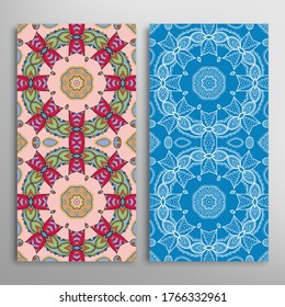 Vertical seamless patterns set, floral geometric lace texture for Wedding, Valentine's day, greeting card or Birthday Invitation. Decorative seamless doodle backgrounds. Ethnic ornament border pattern