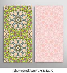 Vertical seamless patterns set, floral geometric lace texture for Wedding, Valentine's day, greeting card or Birthday Invitation. Decorative seamless doodle backgrounds. Ethnic ornament border pattern