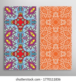 Vertical seamless patterns set, floral geometric lace texture for Wedding, Valentine's day, greeting card or Birthday Invitation. Decorative seamless doodle backgrounds. Ethnic ornament border pattern