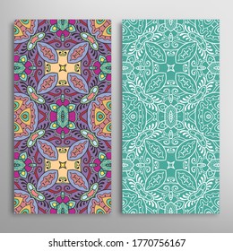 Vertical seamless patterns set, floral geometric lace texture for Wedding, Valentine's day, greeting card or Birthday Invitation. Decorative seamless doodle backgrounds. Ethnic ornament border pattern