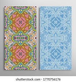 Vertical seamless patterns set, floral geometric lace texture for Wedding, Valentine's day, greeting card or Birthday Invitation. Decorative seamless doodle backgrounds. Ethnic ornament border pattern