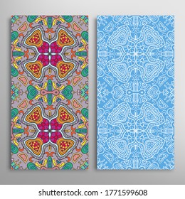 Vertical seamless patterns set, floral geometric lace texture for Wedding, Valentine's day, greeting card or Birthday Invitation. Decorative seamless doodle backgrounds. Ethnic ornament border pattern
