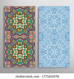 Vertical seamless patterns set, floral geometric lace texture for Wedding, Valentine's day, greeting card or Birthday Invitation. Decorative seamless doodle backgrounds. Ethnic ornament border pattern