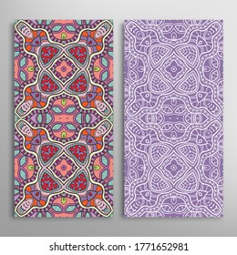 Vertical seamless patterns set, floral geometric lace texture for Wedding, Valentine's day, greeting card or Birthday Invitation. Decorative seamless doodle backgrounds. Ethnic ornament border pattern