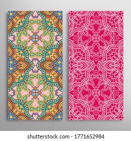 Vertical seamless patterns set, floral geometric lace texture for Wedding, Valentine's day, greeting card or Birthday Invitation. Decorative seamless doodle backgrounds. Ethnic ornament border pattern