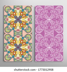 Vertical seamless patterns set, floral geometric lace texture for Wedding, Valentine's day, greeting card or Birthday Invitation. Decorative seamless doodle backgrounds. Ethnic ornament border pattern