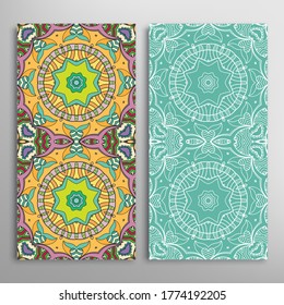 Vertical seamless patterns set, floral geometric lace texture for Wedding, Valentine's day, greeting card or Birthday Invitation. Decorative seamless doodle backgrounds. Ethnic ornament border pattern