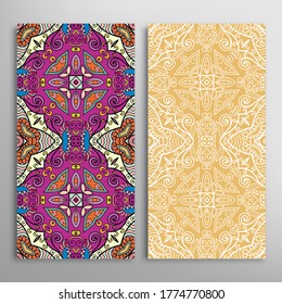 Vertical seamless patterns set, floral geometric lace texture for Wedding, Valentine's day, greeting card or Birthday Invitation. Decorative seamless doodle backgrounds. Ethnic ornament border pattern