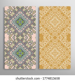 Vertical seamless patterns set, floral geometric lace texture for Wedding, Valentine's day, greeting card or Birthday Invitation. Decorative seamless doodle backgrounds. Ethnic ornament border pattern