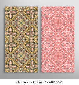Vertical seamless patterns set, floral geometric lace texture for Wedding, Valentine's day, greeting card or Birthday Invitation. Decorative seamless doodle backgrounds. Ethnic ornament border pattern