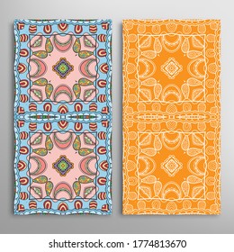 Vertical seamless patterns set, floral geometric lace texture for Wedding, Valentine's day, greeting card or Birthday Invitation. Decorative seamless doodle backgrounds. Ethnic ornament border pattern