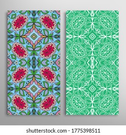 Vertical seamless patterns set, floral geometric lace texture for Wedding, Valentine's day, greeting card or Birthday Invitation. Decorative seamless doodle backgrounds. Ethnic ornament border pattern