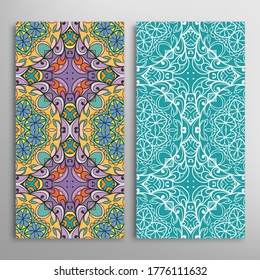 Patrones verticales sin fisuras, textura de encaje geométrico floral para Boda, Día de San Valentín, tarjeta de saludo o Invitación de Cumpleaños. Decorativos fondos de doodle impecables. Patrón de frontera de ornamentos étnicos