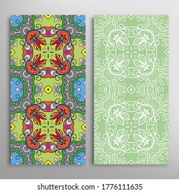 Vertical seamless patterns set, floral geometric lace texture for Wedding, Valentine's day, greeting card or Birthday Invitation. Decorative seamless doodle backgrounds. Ethnic ornament border pattern