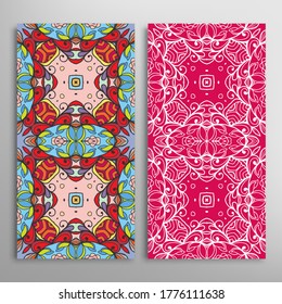 Vertical seamless patterns set, floral geometric lace texture for Wedding, Valentine's day, greeting card or Birthday Invitation. Decorative seamless doodle backgrounds. Ethnic ornament border pattern