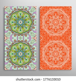 Vertical seamless patterns set, floral geometric lace texture for Wedding, Valentine's day, greeting card or Birthday Invitation. Decorative seamless doodle backgrounds. Ethnic ornament border pattern