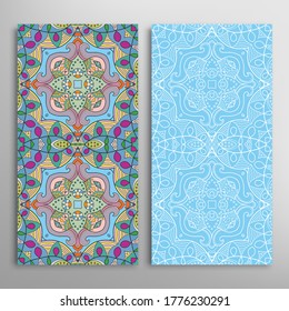 Vertical seamless patterns set, floral geometric lace texture for Wedding, Valentine's day, greeting card or Birthday Invitation. Decorative seamless doodle backgrounds. Ethnic ornament border pattern