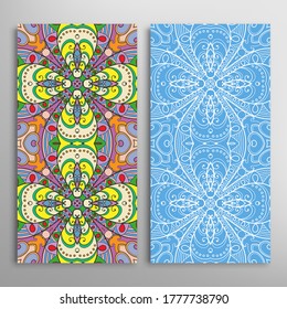 Vertical seamless patterns set, floral geometric lace texture for Wedding, Valentine's day, greeting card or Birthday Invitation. Decorative seamless doodle backgrounds. Ethnic ornament border pattern