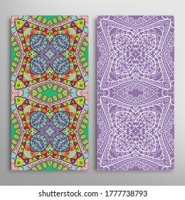 Vertical seamless patterns set, floral geometric lace texture for Wedding, Valentine's day, greeting card or Birthday Invitation. Decorative seamless doodle backgrounds. Ethnic ornament border pattern