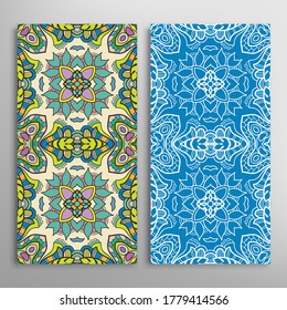 Vertical seamless patterns set, floral geometric lace texture for Wedding, Valentine's day, greeting card or Birthday Invitation. Decorative seamless doodle backgrounds. Ethnic ornament border pattern